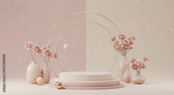 Fototapeta Visualize D podium display featuring soft pastel pink beige adorned delicate flowers decorative vases minimal pedestal ideal showcasing beauty products feminine fashion offering ample copy space