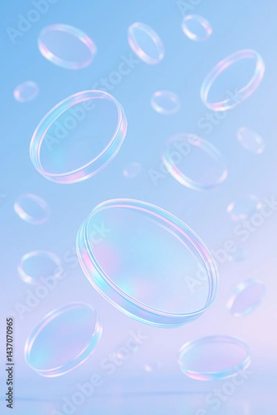 Fototapeta Abstract composition with transparent round elements floating in the air against a soft blue gradient. Aesthetics of glass and glassmorphism. Lightness, air, digital purity. Al-genarated image