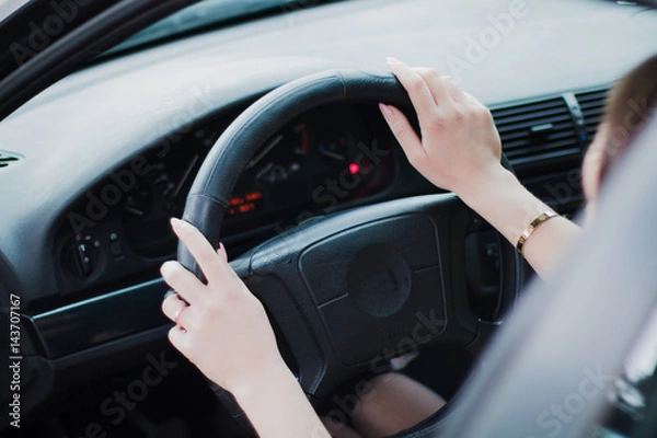 Fototapeta Portrait of a very beautiful girl in a forest dressed in fur in a car