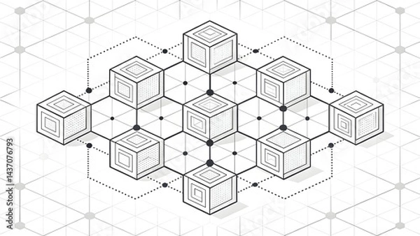 Fototapeta Interconnected geometric cubes forming a complex network structure showcasing isometric design elements with a subtle grayscale palette and dotted lines connecting nodes in a hexagonal grid pattern