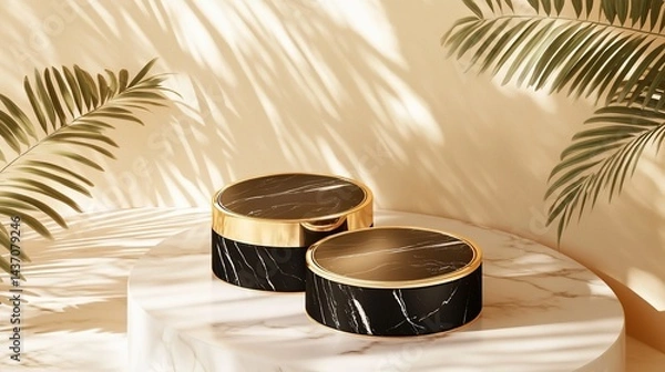 Obraz Gold & black marble cosmetic jars on a white marble pedestal, tropical background