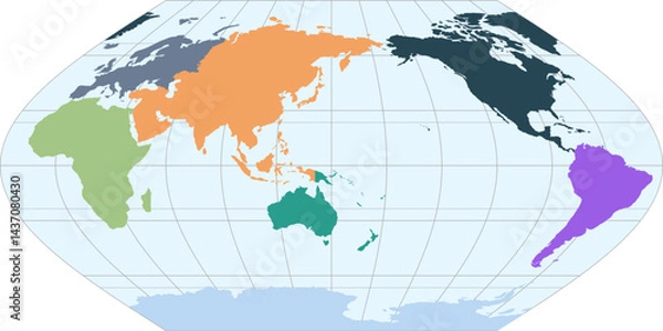 Fototapeta World vector map with continent boundaries and graticules in Asia-Pacific view (Eckert V projection, PPT-compatible, pre-colored & fully editable)