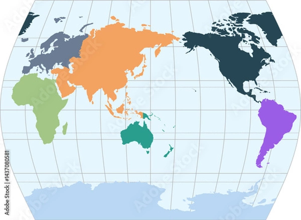 Fototapeta World vector map with continent boundaries and graticules in Asia-Pacific view (Times projection, PPT-compatible, pre-colored & fully editable)