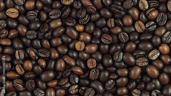 Fototapeta Dense background of assorted coffee beans displaying rich textures and varying dark brown roasting shades, creating a detailed and high-quality pattern for premium stock photography.
