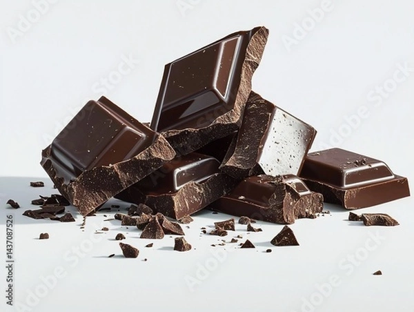 Fototapeta Minimalist photo of pieces of chocolate on white background, focusing on texture and color, capturing the luxury and deliciousness of sweet chocolate.