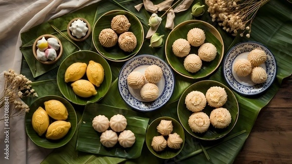 Obraz Assorted desserts arranged on vibrant green banana leaves, appearing delicious.