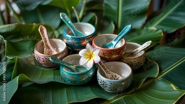 Obraz Colorful ceramic cups with golden spoons on banana leaves and lush green foliage.