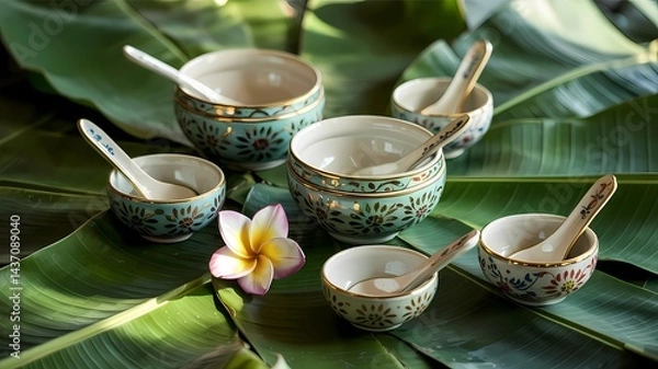 Obraz Blue and gold floral bowls with ceramic spoons on banana leaves and a frangipani.