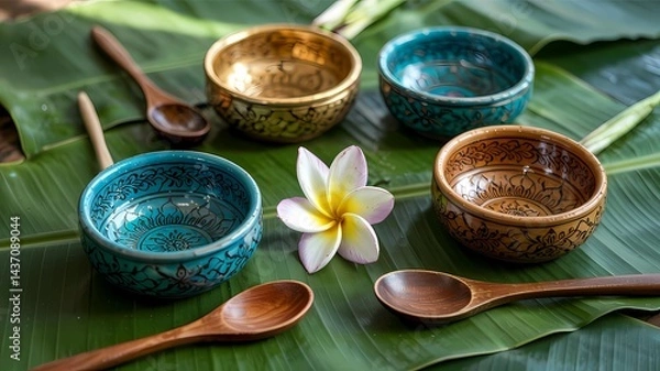Obraz Various colored metal and wooden bowls with wooden spoons on banana leaves and a frangipani.