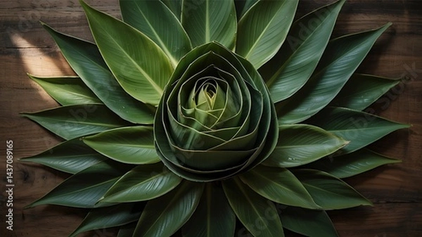 Obraz Fresh green banana leaves folded and layered in a floral shape on a wooden surface.