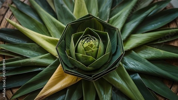 Obraz Light and dark green leaves folded and layered into a floral shape on a woven surface.