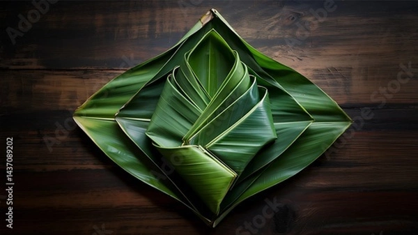 Obraz Dark green banana leaves folded into a triangular layered shape on a dark wooden background.