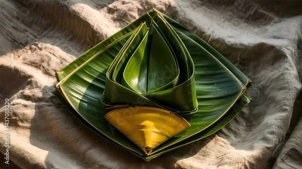 Obraz Green and yellow banana leaves folded elegantly in layers on a plain fabric.