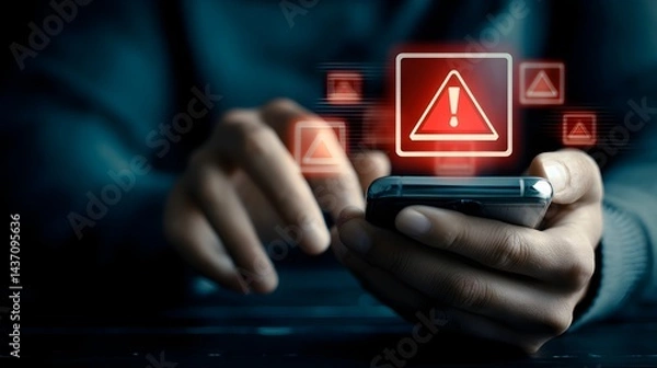 Fototapeta Concept of email warning and phishing scam risk as businessman using smartphone taps on alert message, highlighting cybersecurity attack danger, online data protection and cyber defense.