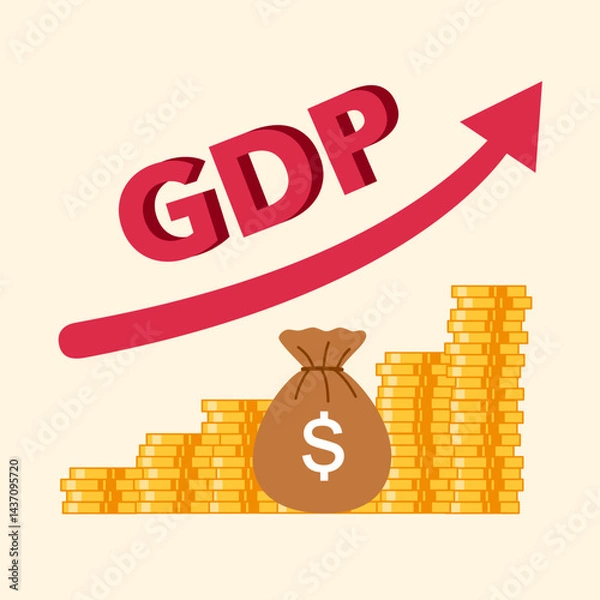 Fototapeta Gross domestic product concept. Growth arrow chart with stacks of money. National economy, global finance.