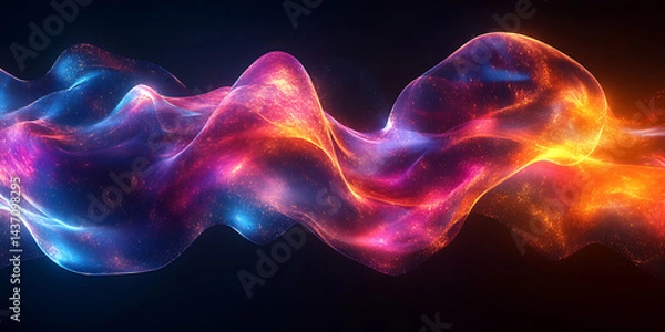 Fototapeta Abstract fluid wave with luminous particle effect in gradient colors on a dark background for presentation backdrop and modern designs