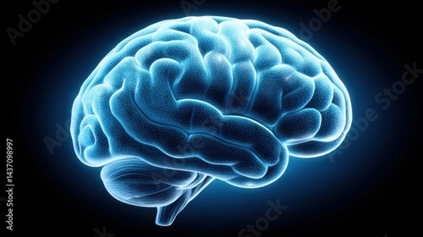 Fototapeta Ganglia, Illuminated illustration of a human brain with a glowing outline against a dark background.