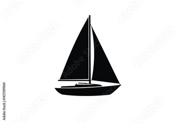 Fototapeta Sailboat silhouette. This image shows a black and white silhouette of a sailboat with two sails and a mast, commonly used in nautical-themed designs. Vector clipart illustration design.