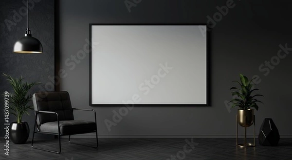 Fototapeta Highlight interior design concepts luxury dark-themed 3D rendering showing sleek gray wall empty horizontal frame mockup paired sophisticated metal armchair black-toned decor ideal professional
