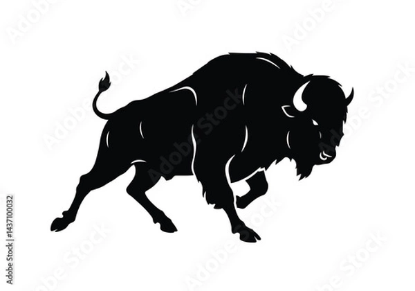 Obraz Running buffalo silhouette. This image shows a powerful buffalo in motion, depicted in a bold black silhouette style. Vector clipart illustration design.