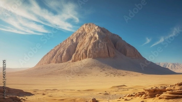 Fototapeta Majestic pyramidal mountain rises from a vast, undulating desert landscape under a clear, bright
