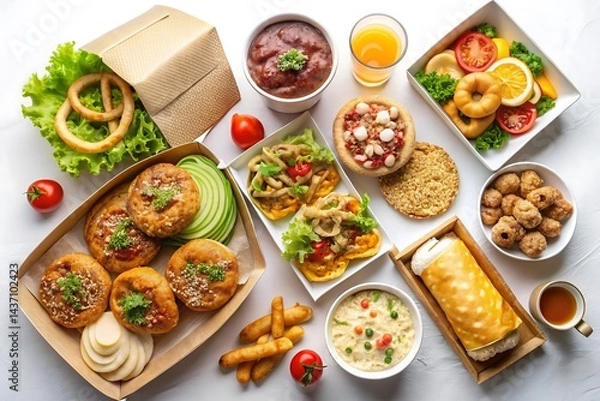 Fototapeta An overhead shot of various takeout food containers and dishes arranged on a white surface top fast food,  Photos, Standard Content, isolated Assets, isolated,  Horizontal,
