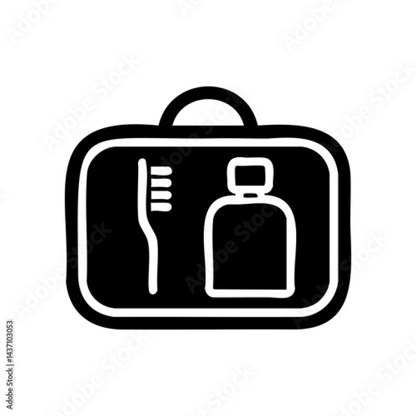Fototapeta Simple black silhouette illustration of a toiletry bag containing a toothbrush and bottle, symbolizing travel hygiene kit, personal care, grooming essentials, and trip preparation.