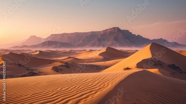 Fototapeta Expansive desert landscape featuring rolling sand dunes and distant mountain range under a soft,