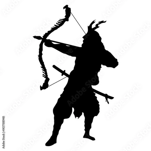 Fototapeta Samurai warrior with bow and arrow aiming at target or enemy.Japanese samurai warrior archer aiming longbow silhouette graphic icon isolated white background.Traditional archer with drawn bow icon