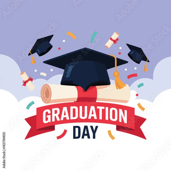 Fototapeta A graduation cap, a symbol of academic success, rests beside a diploma representing degree completion