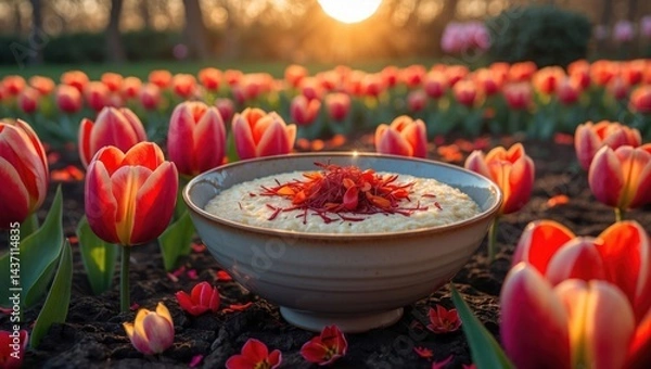 Obraz Bowl of Porridge Adorned with Saffron Threads Among Red Tulips