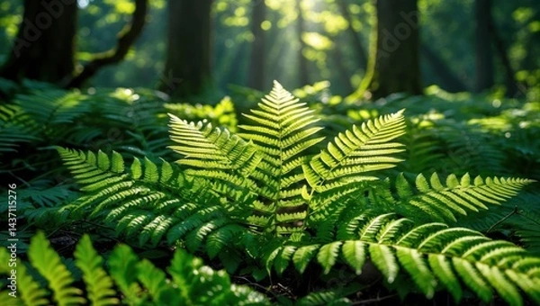Obraz Fern Growing in Forest Sunlight Creating a Natural Green Scene