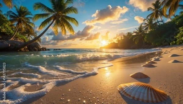Obraz Tropical Beach at Sunset with Palm Trees and Seashells on Sand