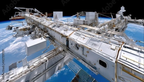 Fototapeta Astronaut repairs shuttle outer space high fidelity image low earth orbit panoramic view repairs in action