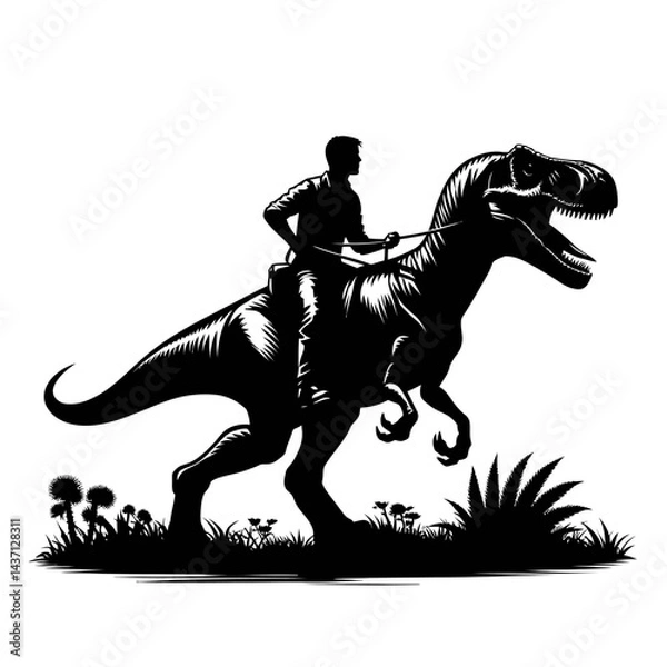 Obraz men riding dinosaur  silhouette black color vector isolated white background
