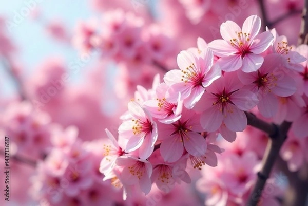Fototapeta Dense cluster of sakura blossoms, vibrant color, pink, image