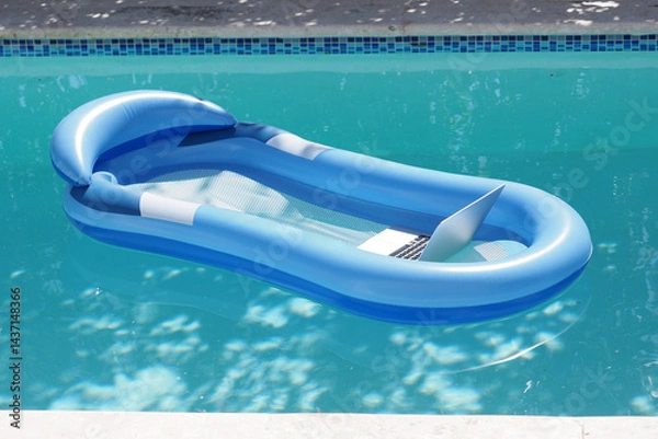 Fototapeta Computer laptop floating on air mattress in swimming pool.