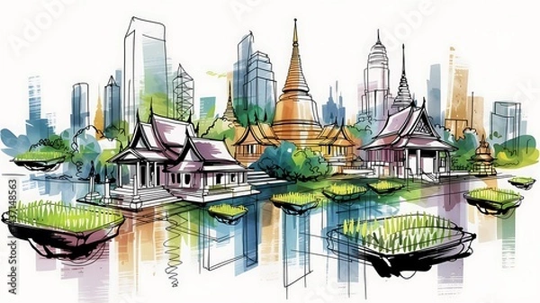 Obraz Bangkok drawing. Thai temples by the water and skyscrapers. Small floating gardens.