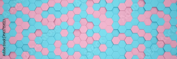 Fototapeta 3d rendering of hexagons in blue and pink color - abstract background - wallpaper - backdrop.