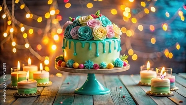 Obraz Delicious pastel-colored cake decorated with sugar roses and surrounded by glowing candles on a rustic wooden table