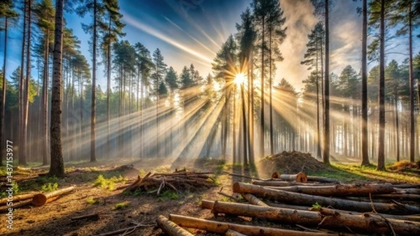 Obraz Sunbeams Illuminate a Misty Forest Clearing with Cut Logs