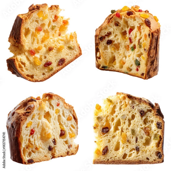Obraz Panettone Slice, Candied Fruit, White Background