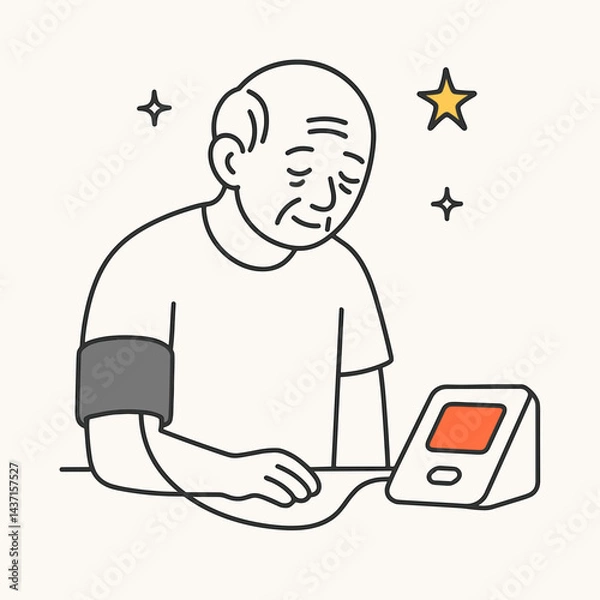 Fototapeta Elderly man checking blood pressure with monitor at home  