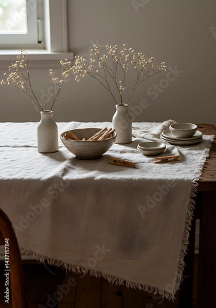 Fototapeta Rustic Table Setting with White Vases and Wooden Bowl in Morning Light