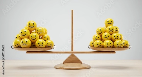 Fototapeta Convey modern business feedback concepts crisp high definition photograph showing emotional smile symbols outweighing sad icons on balanced wooden scales against clean white background illustrating