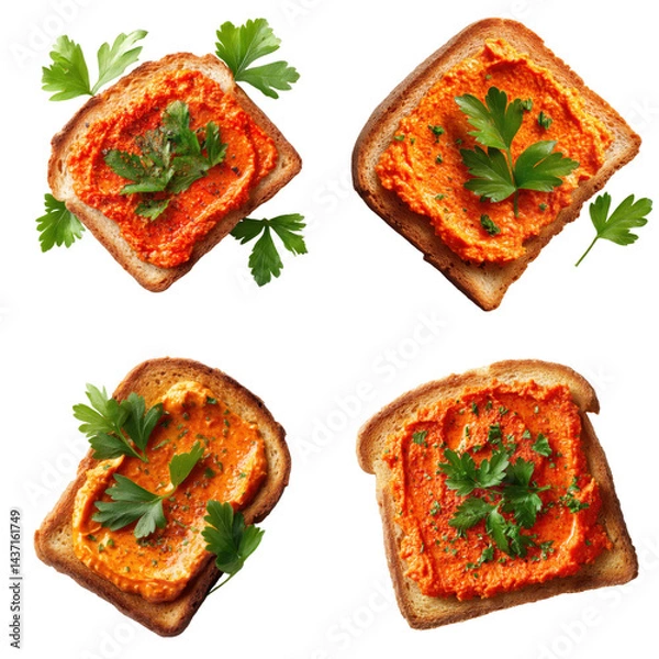 Obraz Red Pepper Ajvar Toast, Top View, Isolated