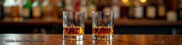 Fototapeta Two elegant whiskey glasses on wooden bar counter, whiskey, beverage, glasses