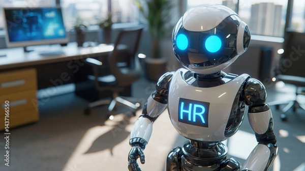 Fototapeta HR robot stands ready to assist in a modern office environment with a bright digital display showing the letters "HR" on its chest showing technological advancement.