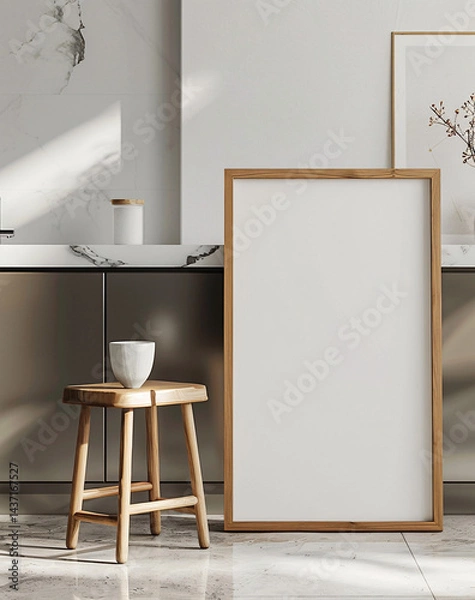 Fototapeta Blank frame mockup gently leaning toward a beige wall within a pure minimalist design
