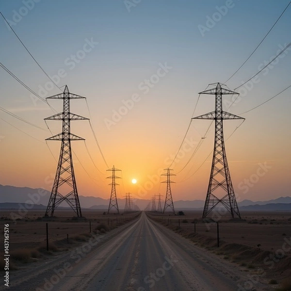 Obraz Majestic Sunrise Over Al Hofuf: High Voltage Power Lines in Saudi Arabia